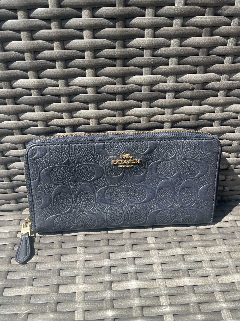 COACH Long Zip Around Wallet Signature Leather Navy Blue - Picture 1 of 7